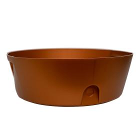 Orange plastic plant pot with a side drainage hole and plug, empty with no soil or plants inside.