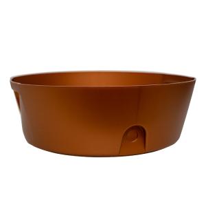 Orange plastic plant pot with a side drainage hole and plug, empty with no soil or plants inside.