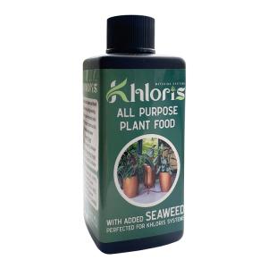Green bottle labeled 'All Purpose Plant Food' with seaweed on the green label and a circular image of potted plants for plant care use gear poster action image note