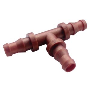 Copper-colored Y-shaped hose barb fitting with three barbed connectors for irrigation or tubing