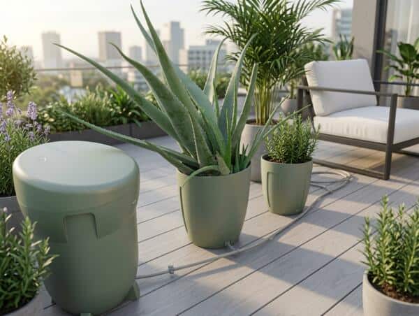 Rooftop patio with large green potted succulent, smaller herb-like pot, and modern seating against an urban skyline backdrop